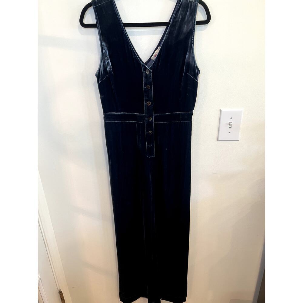 Faherty Velvet Jumpsuit Wide Leg Blue Sleeveless Button Front Boho Luxe